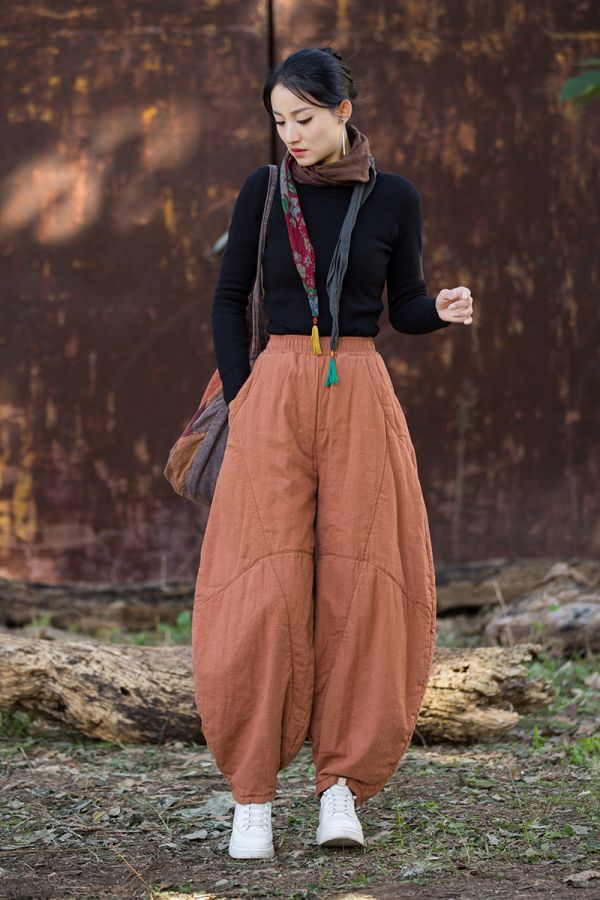 燕燕～秋冬新款 莧麻夾棉加厚炒色燈籠褲 文藝復古棉麻打坐禪修太極褲 長褲 