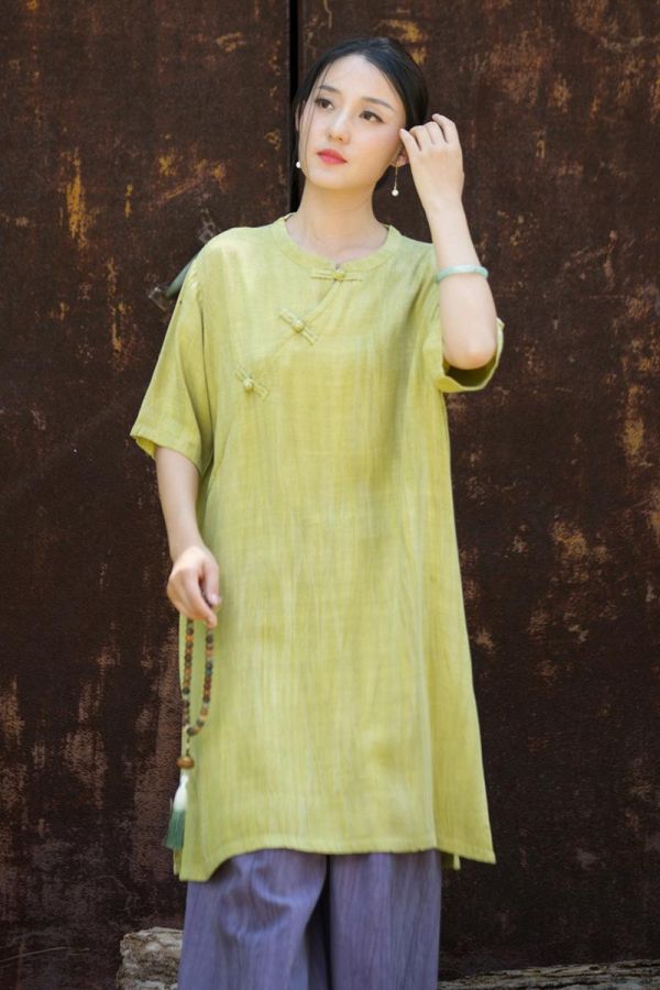 燕燕~夏季新款 天絲亞麻長衫紮染砂洗盤扣環偏襟中式袍子柔軟飄逸禪茶服上衣 