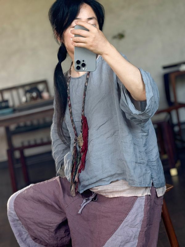 燕燕~輕薄莧麻~時尚舒適百搭寬鬆旅裝 圓領女襯衫 上衣麻衫 