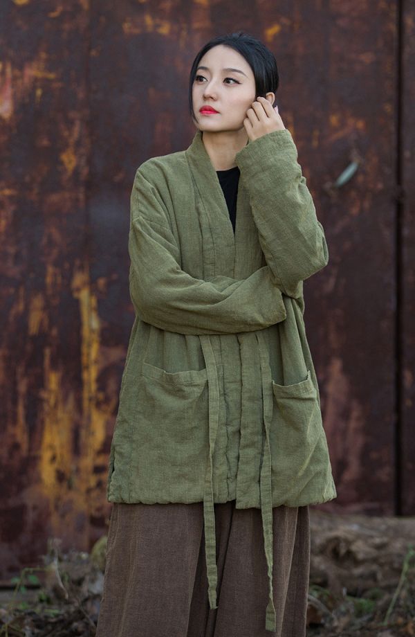 燕燕~秋冬新品  苧麻炒色夾棉加厚復古改良禪意風女式中長棉衣外套 