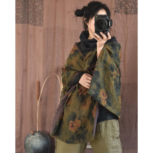 燕燕~棉麻商品~亞麻 復古印花夾棉國風復古披肩 混搭圍巾保暖棉外搭披肩 