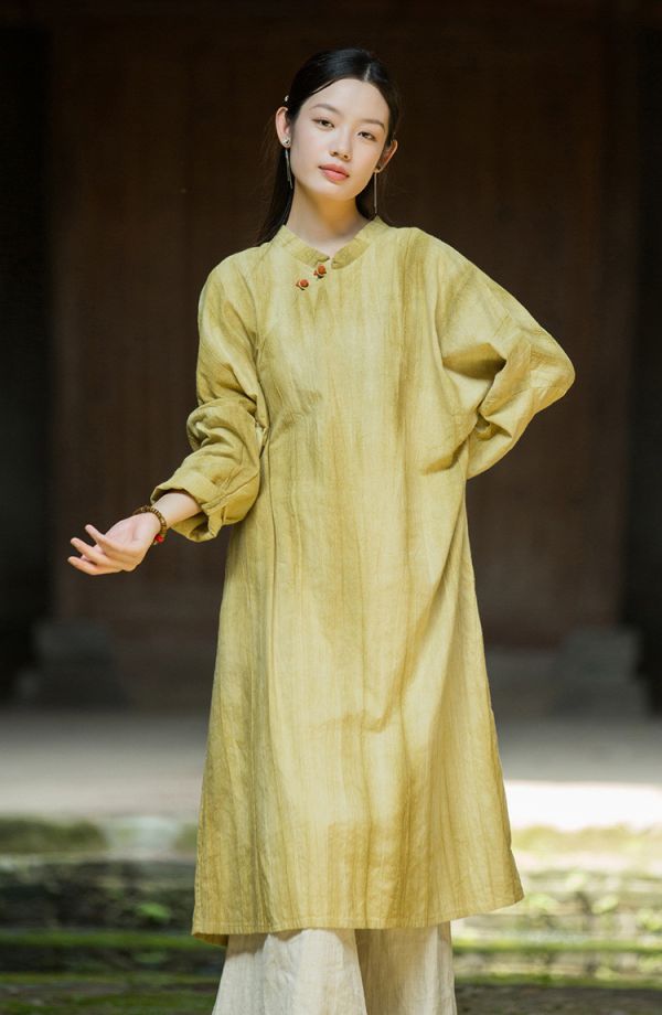 燕燕~棉麻商品~秋冬新款 改良旗袍裙手工紮染寬鬆遮肉茶服中式立領斜襟洋裝 連身裙 