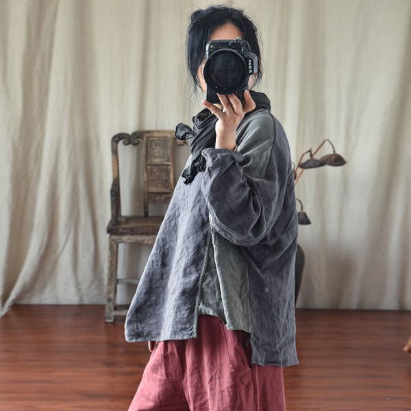 燕燕~春秋款 棉麻  文藝復古拼布 針跡繡線休閒圓領上衣 外套 