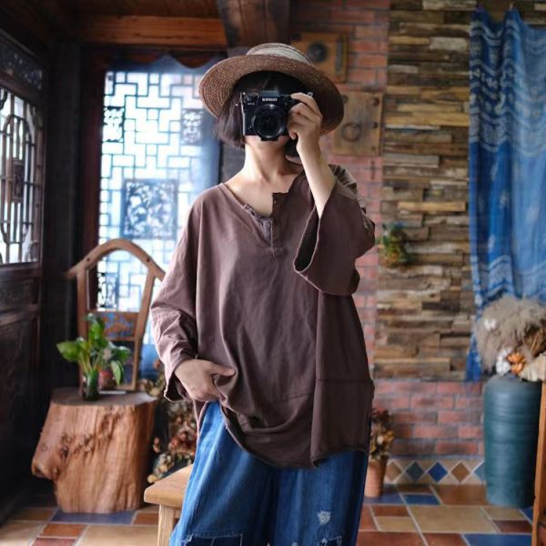 燕燕~針織棉。復古做舊雪花洗 不對稱寬鬆禪意大T恤 上衣 ab198401 