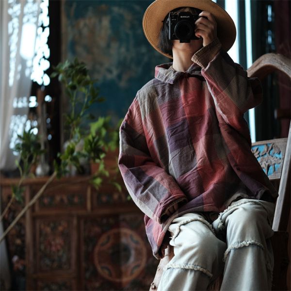 燕燕~秋冬新款 純棉翻領盤扣套頭寬鬆棉袍長棉衣上衣。ab212501 