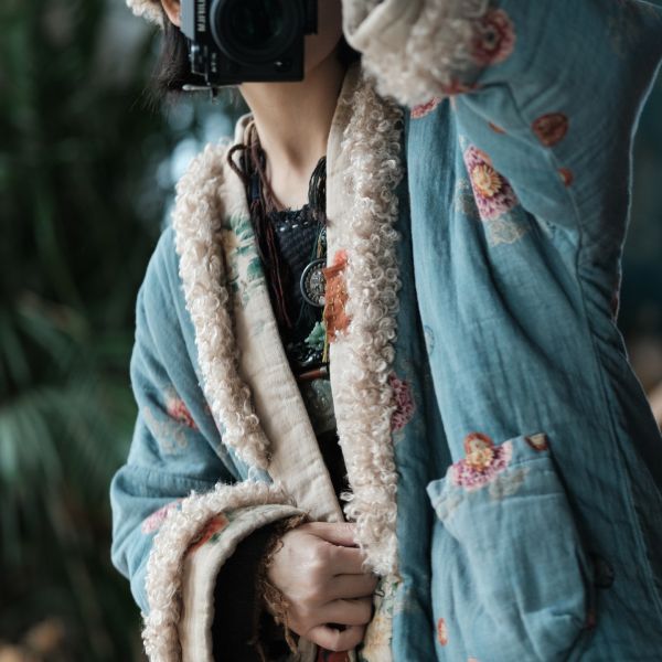 燕燕～復古文藝羊羔絨拼接印花寬鬆棉衣外套 ab226601 