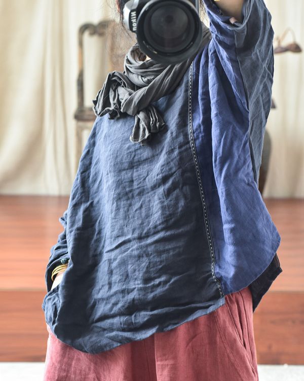 燕燕~春秋款 棉麻  文藝復古拼布 針跡繡線休閒圓領上衣 外套 