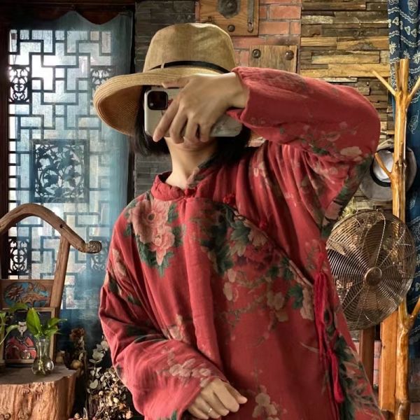 燕燕~棉麻商品~改良立領盤扣繫帶復古文藝懷舊寬鬆棉衣上衣   ab161201 