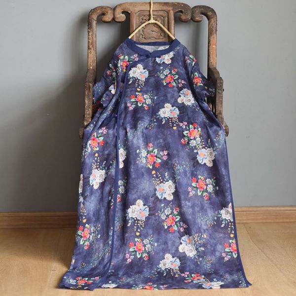 燕燕~棉麻商品 苧麻材質 數碼印花斜襟盤扣文藝開衩長旗袍 洋裝 連身裙  