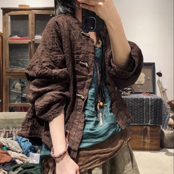 燕燕~提花亞麻 手工盤扣復古開襟衫 外套 