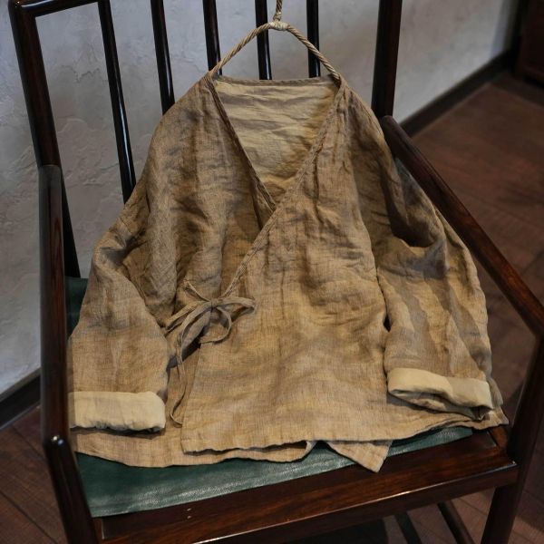 燕燕~春秋款 色織肌理感亞麻 傳統交領繫帶百搭襯衫 長袖上衣開襟衫 