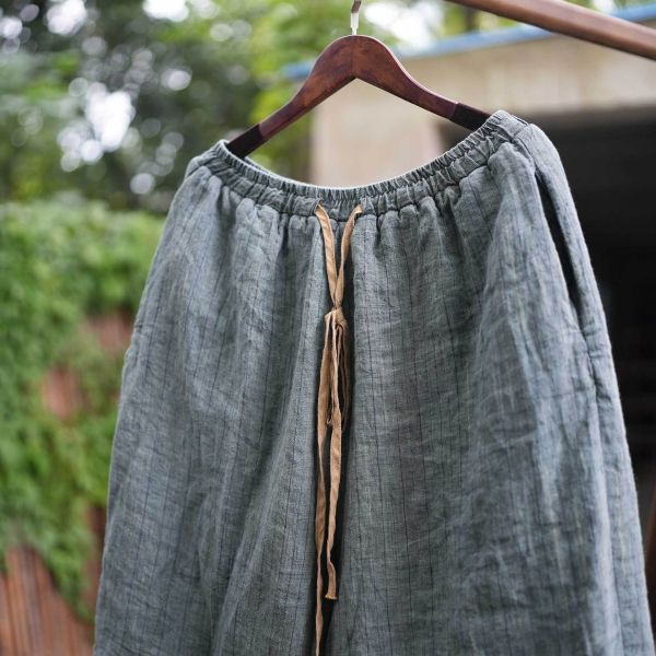 燕燕～亞麻 條紋色織鬆緊腰寬鬆顯瘦百搭直筒褲 長褲 