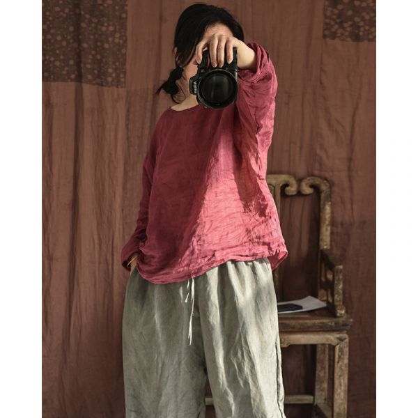 燕燕～春夏款  輕薄苧麻   文藝圓領手縫線套頭小衫 上衣 襯衫 長袖棉麻衫 