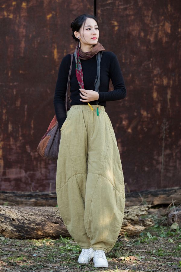 燕燕～秋冬新款 莧麻夾棉加厚炒色燈籠褲 文藝復古棉麻打坐禪修太極褲 長褲 