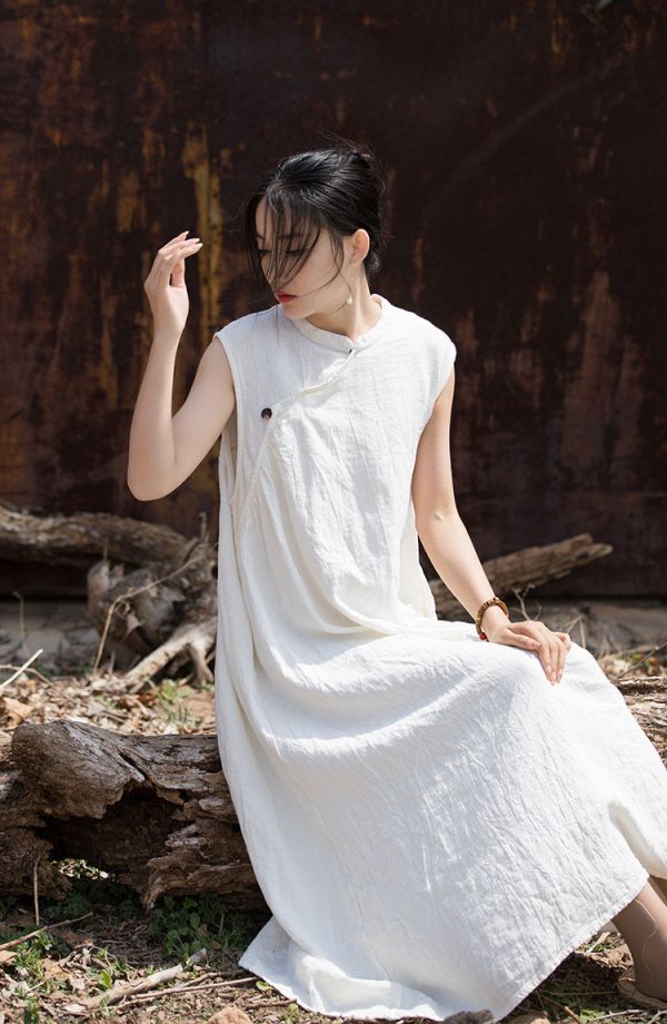 燕燕～秋冬薄款 苧麻棉手工紮染國風改良 無袖洋裝連身裙 