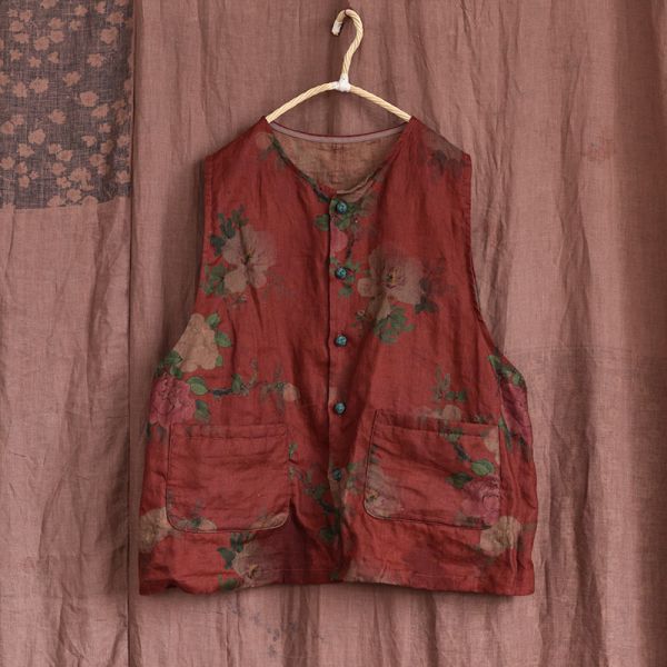 燕燕~棉麻商品~亞麻 香雲紗印花 復古盤扣開衫背心 