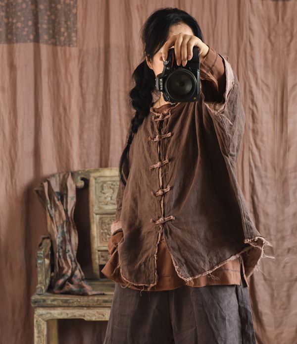 燕燕~亞麻 做舊毛邊上衣  撞色寬鬆盤扣女式短款開衫外套 