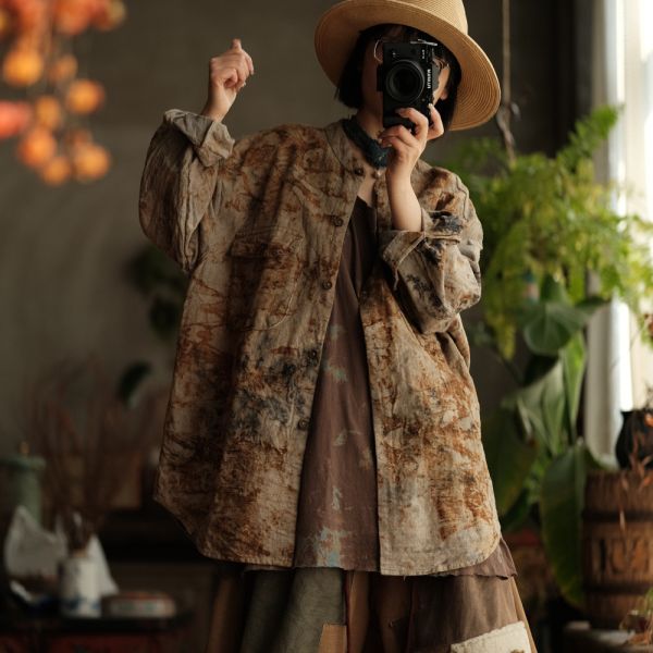 燕燕~亞麻～設計文藝復古做舊寬鬆外套襯衫 (植物染） 