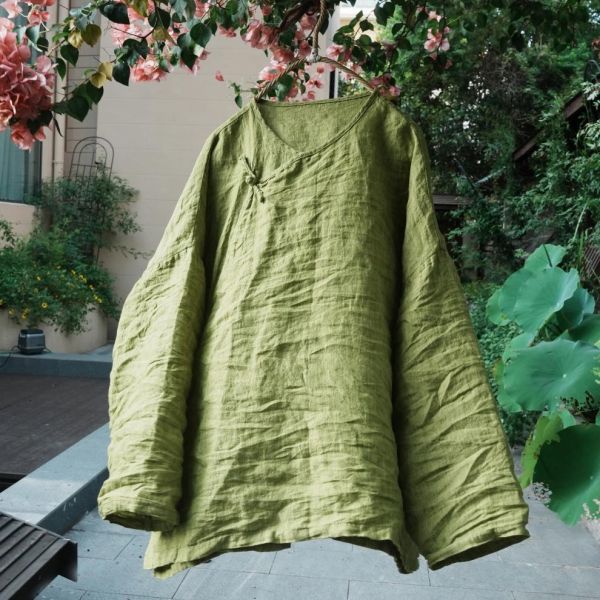 燕燕~斜襟盤扣寬鬆文藝新中式上衣色織亞麻茶服上衣 ab448701 