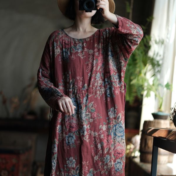 燕燕~棉麻商品~復古紅花側高側抽繩長袍上衣 連身裙。ab151001 