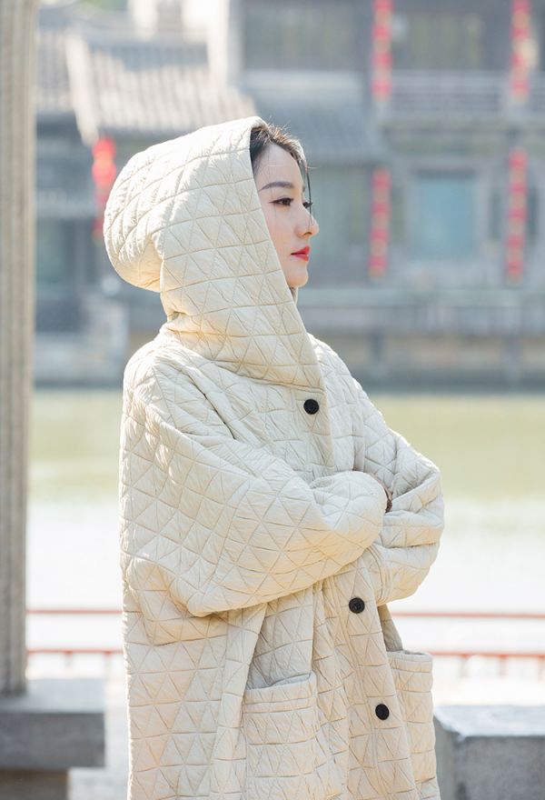 燕燕~棉麻商品~秋冬款 幾何絎縫格紋夾棉加厚改良禪意女式棉服棉衣外套 