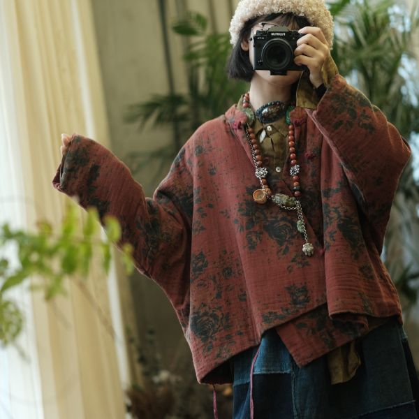 燕燕~秋冬新款 文藝數位印花純棉斜襟棉衣外套    ab193301 