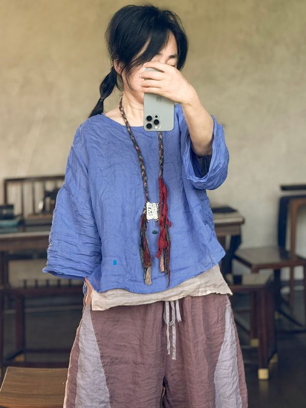 燕燕~輕薄莧麻~時尚舒適百搭寬鬆旅裝 圓領女襯衫 上衣麻衫 