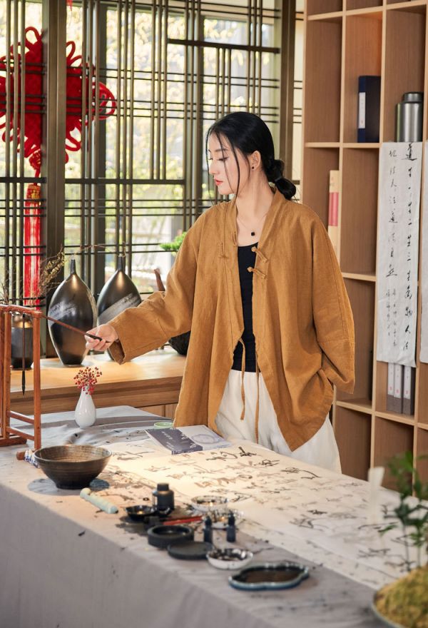 燕燕～復古砂洗做舊苧麻禪茶服立領繫帶  開衫外套 
