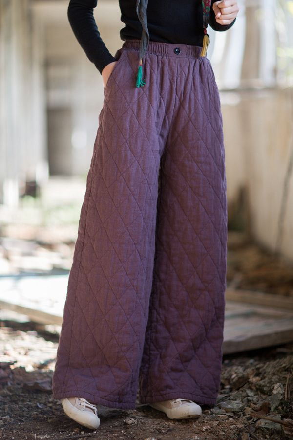 燕燕~冬季新款 苧麻夾棉菱格絎縫長褲  加厚保暖文藝直筒棉褲 