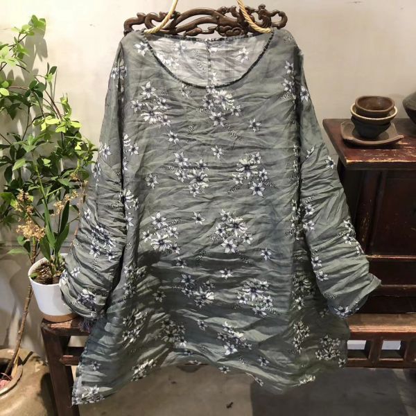燕燕～夏款  苧麻  文藝復古印花圓領套頭落肩中長衫上衣 
