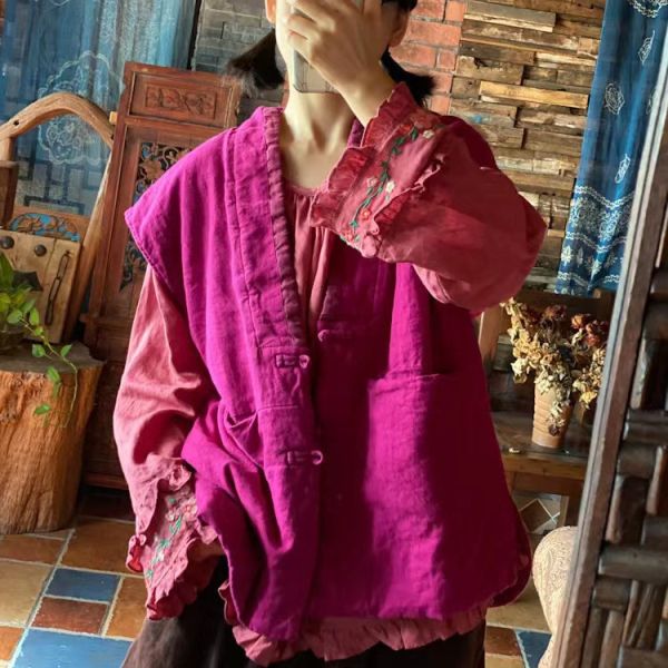 燕燕~棉麻商品~棉麻。  撞色領寬鬆落肩夾棉坎肩背心  ab192601 