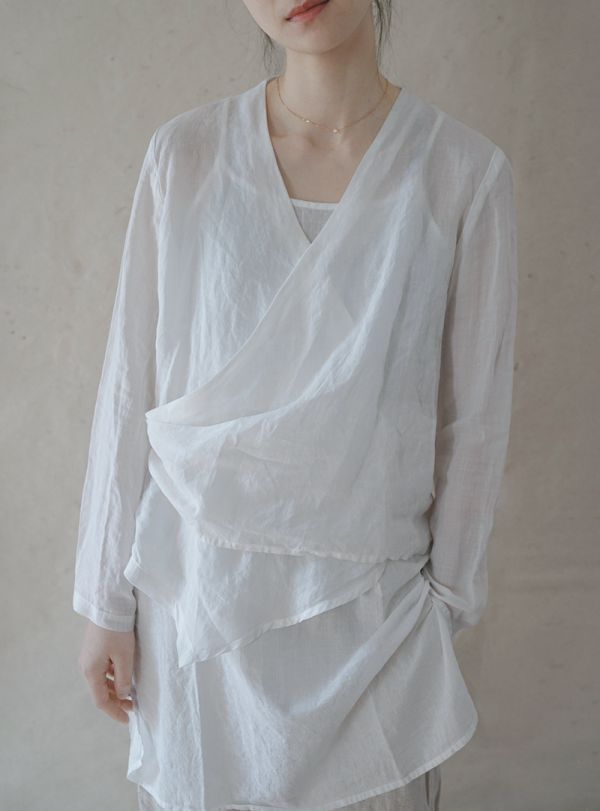 燕燕~細苧麻材質 薄透斜襟襯衫 文藝長袖棉麻衫 茶服上衣防曬衣 ab2103701 