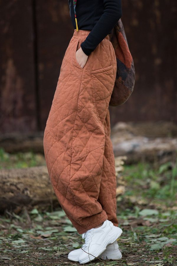 燕燕~冬季新款 復古夾棉絎縫菱形格加厚保暖燈籠棉褲 長褲 