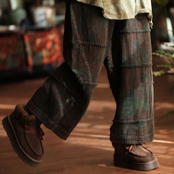 燕燕~復古文藝毛邊休閒褲寬鬆鬆緊腰闊腿褲 直筒褲 ab215101 (花色款） 