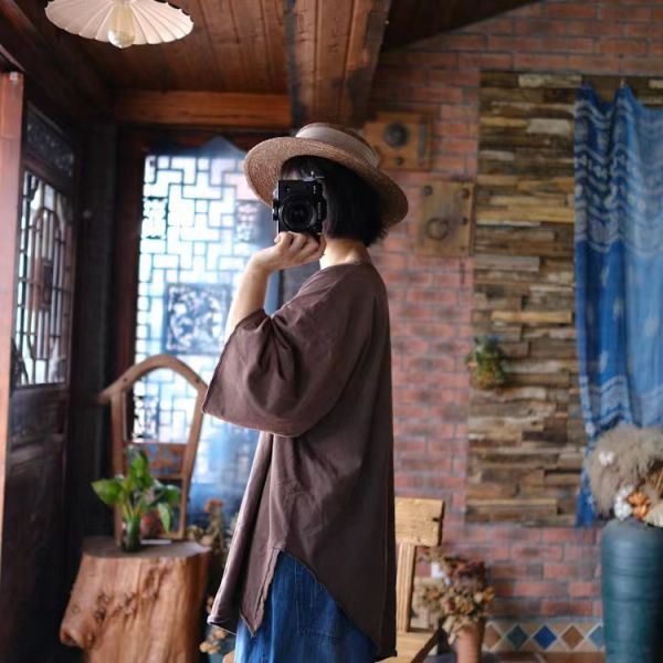 燕燕~針織棉。復古做舊雪花洗 不對稱寬鬆禪意大T恤 上衣 ab198401 