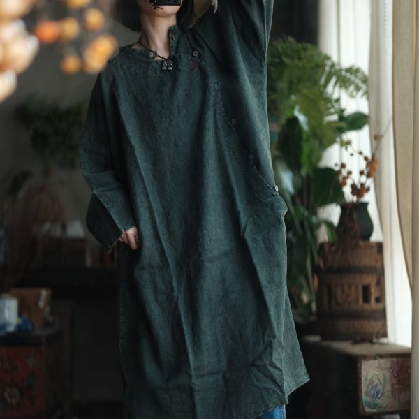 燕燕~水洗麻~撞色手繡寬鬆大袍洋裝 連身裙。ab149101 