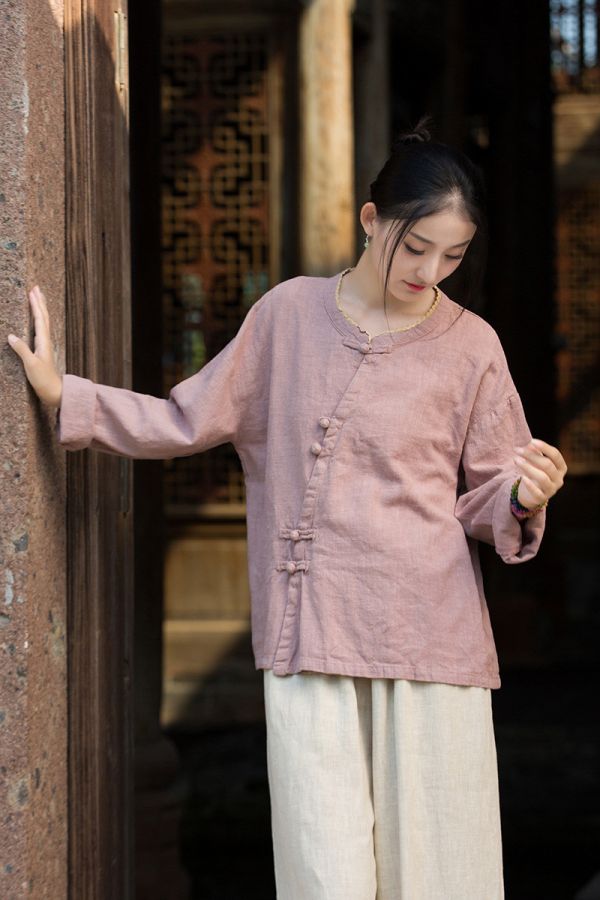 燕燕~秋冬新款 苧麻砂洗設計小衫 盤扣領花邊國風改良襯衫 上衣 