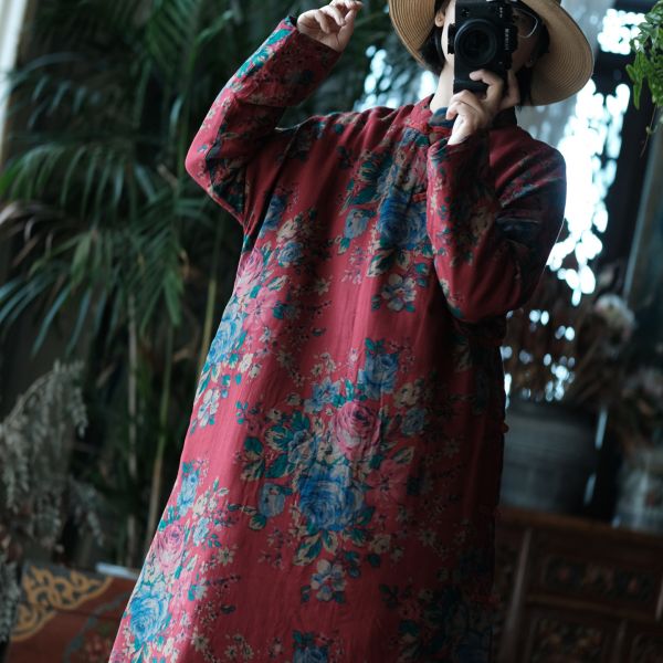 燕燕～文藝復古中式印花立領斜襟棉衣棉袍洋裝 連身裙  ab145901 