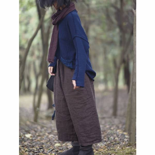 燕燕~棉麻商品~冬季新品 亞麻材質 簡約休閒寬鬆夾棉掉檔闊腿棉褲 長褲 