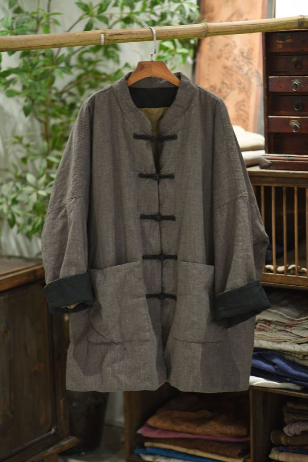 燕燕～色織棉中式復古盤扣中長棉衣外套 