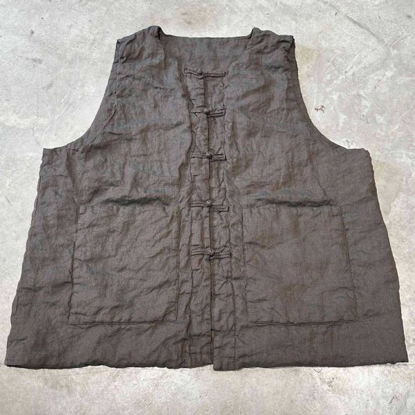 燕燕~色織亞麻中式盤扣雙層夾棉中長棉背心 