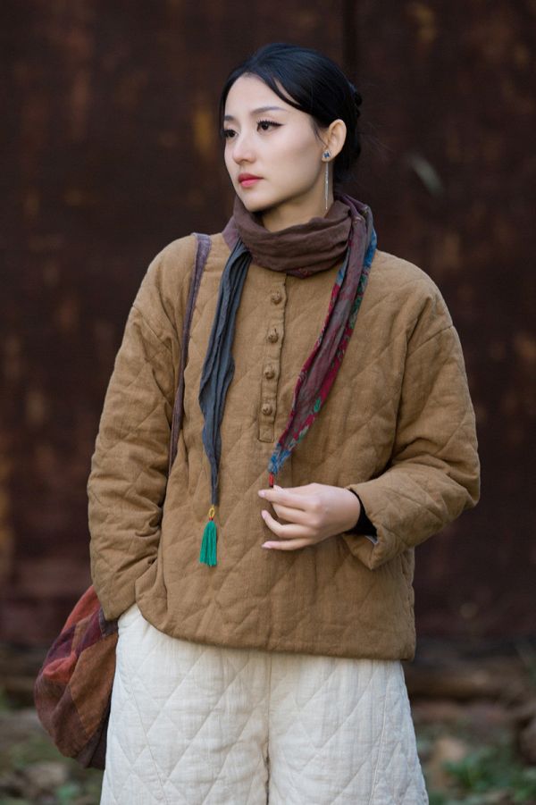 燕燕 冬季新款 苧麻夾棉菱格絎縫套頭棉襖 個性加厚保暖女裝棉衣上衣 