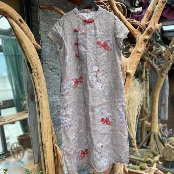 燕燕～純苧麻 文藝復古印花手工盤扣寬鬆 洋裝 連身裙  ab185901 