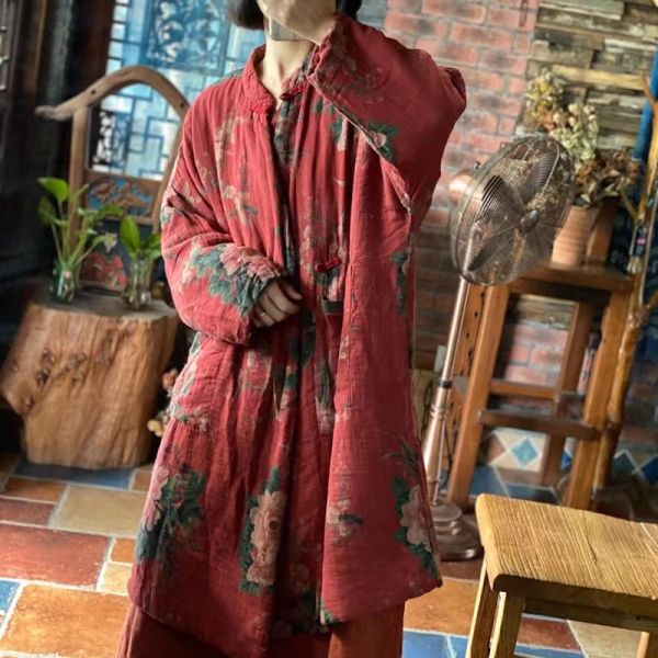 燕燕~棉麻商品~雙層棉紗。  復古大花寬鬆立領棉衣棉外套     ab192701 