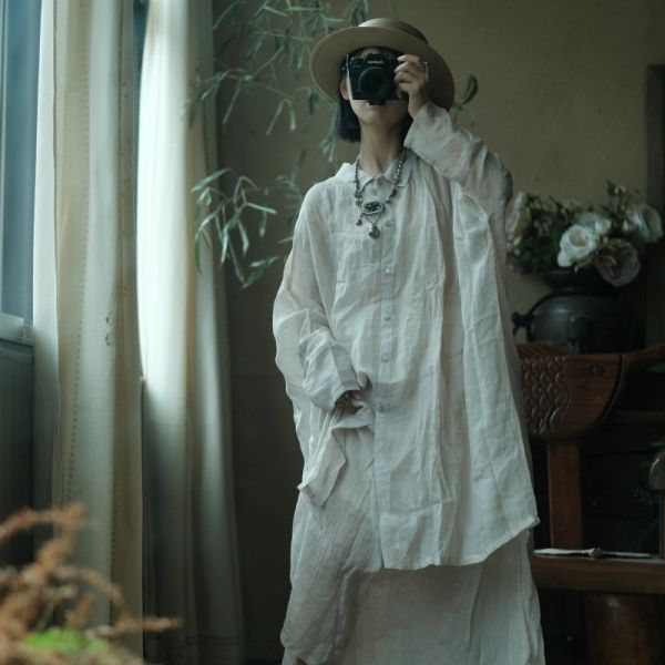 燕燕~水洗麻～寬鬆飄逸蝙蝠袖薄襯衫防曬上衣。ab196101（這件非常寬鬆喔） 