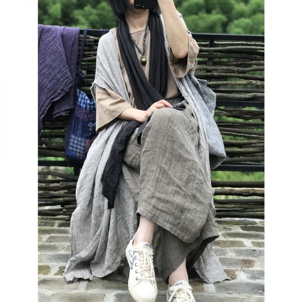 燕燕~棉麻商品~春夏 亞麻 簡約寬鬆肌理微褶皺休閒文藝八分闊腿褲 