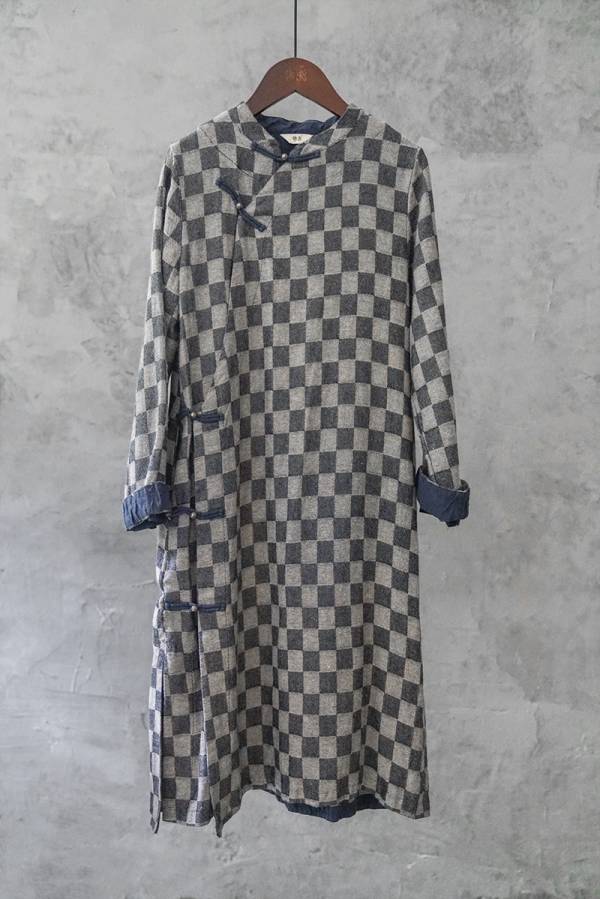 燕燕棉麻～亞麻 立領斜襟格紋長旗袍 顯瘦雙層旗袍 洋裝 連身裙 ab2128501 