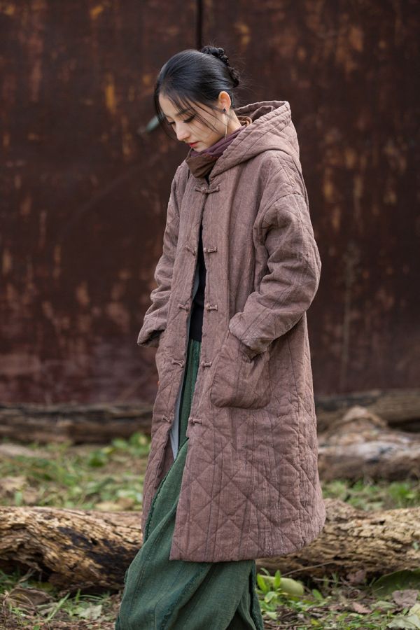 燕燕～苧麻 菱格絎縫棉服加厚保暖長款棉衣外套 