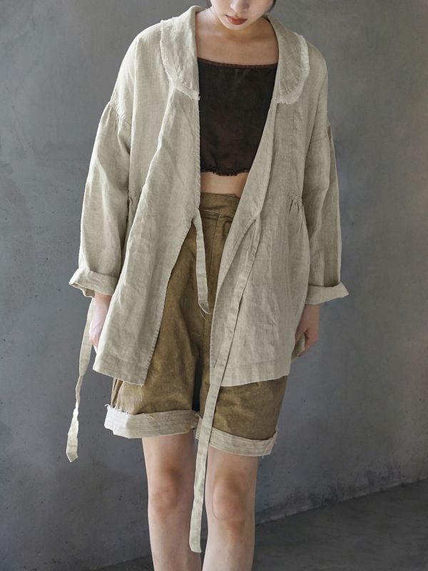 燕燕~亞麻 設計文藝復古開襟衫 田園生活寬鬆繫帶減齡外套   ab2408501 