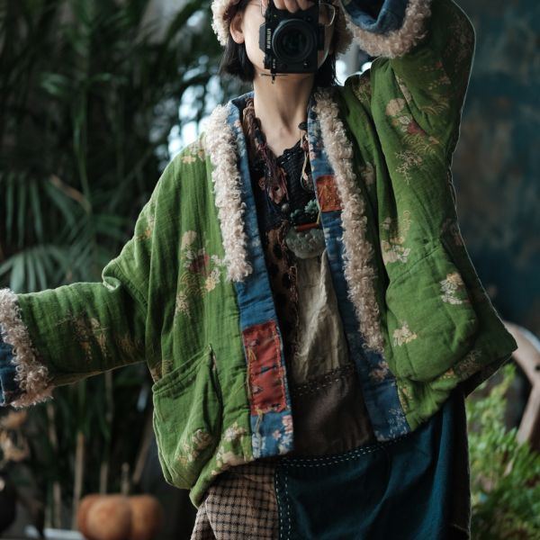 燕燕～復古文藝羊羔絨拼接印花寬鬆棉衣外套 ab226601 